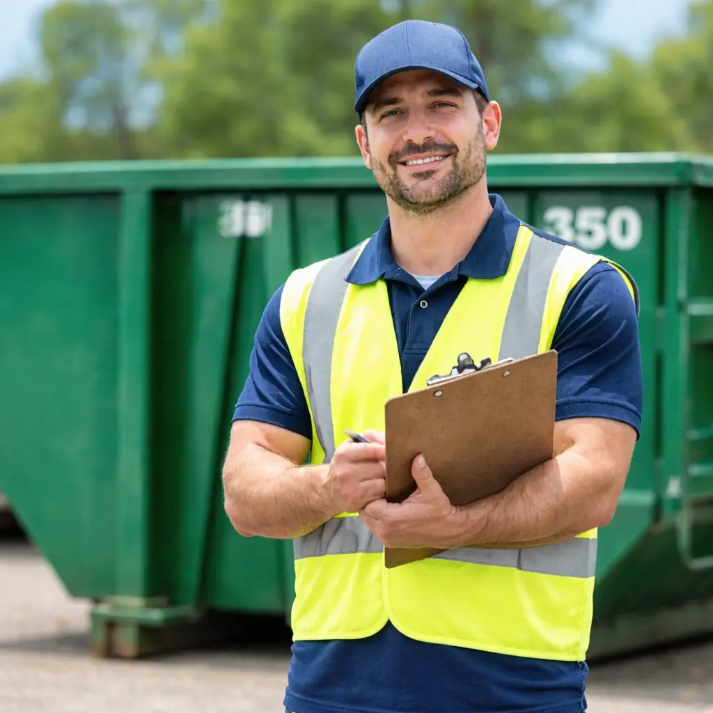 Professional team member of 605 Roll-Off Dumpster Rentals standing near roll-off dumpsters, providing reliable dumpster rental services in Sioux Falls SD