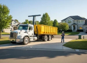 A 605 Roll-Off delivery truck dropping off a yellow dumpster for a residential project in Sioux Falls.