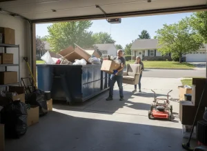 Homeowners using a 605 Roll-Off dumpster for a garage cleanout project in Sioux Falls.