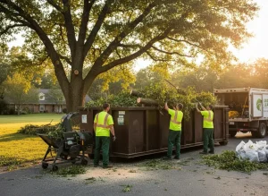 Workers loading tree debris into a large 605 Roll-Off waste container in a Sioux Falls neighborhood.
