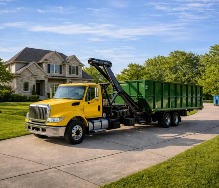Yellow dumpster truck delivering a roll-off dumpster for home cleanup services in Brandon, SD by 605 Dumpster Rental.
