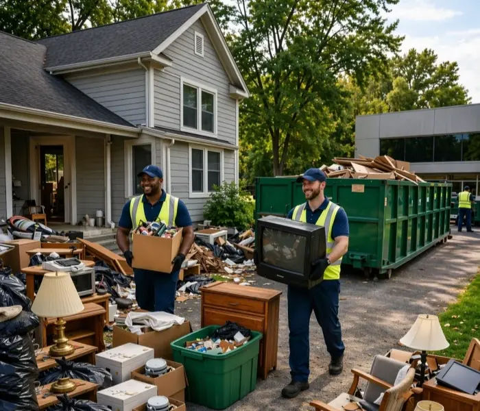 Junk removal team carrying boxes and appliances for a residential cleanup with a large roll-off dumpster in Brandon, SD by 605 Dumpster Rental.
