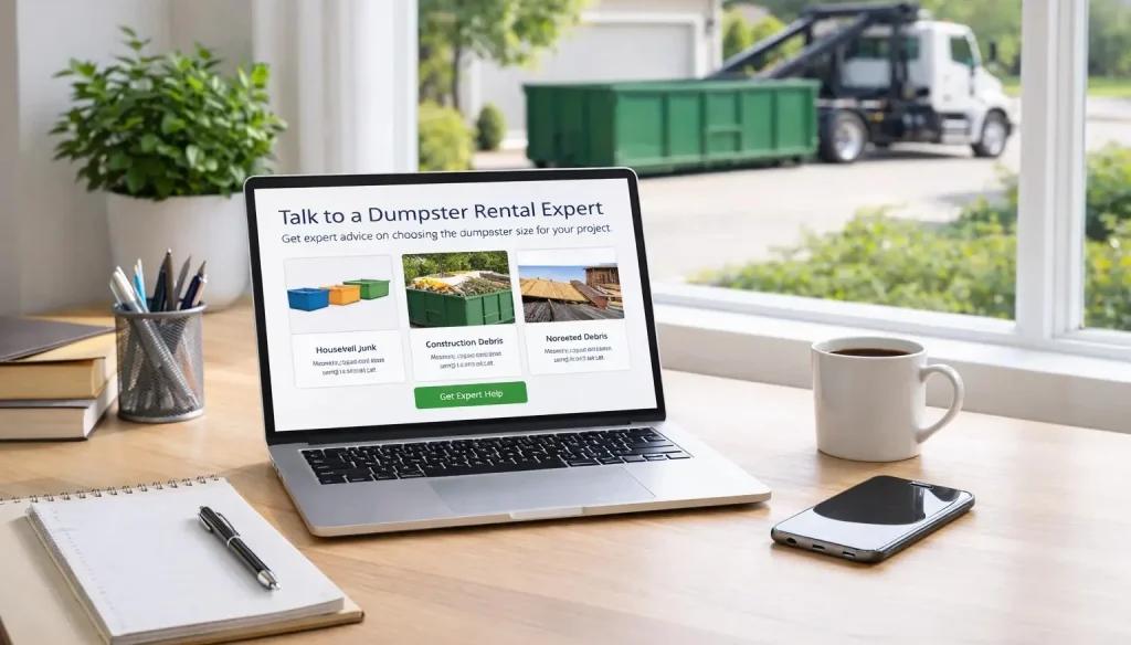 Laptop showing dumpster rental expert consultation page with a roll-off dumpster delivery visible outside a home in Sioux Falls.
