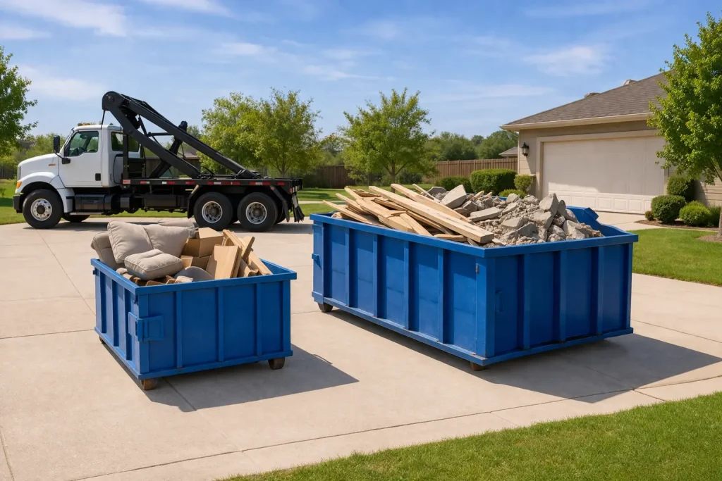 Two roll-off dumpsters in a residential driveway showing small and large dumpster sizes for home cleanout and construction debris in Sioux Falls.