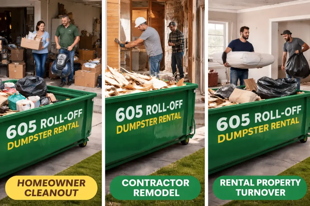 Roll-off dumpster rental used for home cleanout, contractor remodeling, and rental property cleanup in Sioux Falls by 605 Roll-Off.