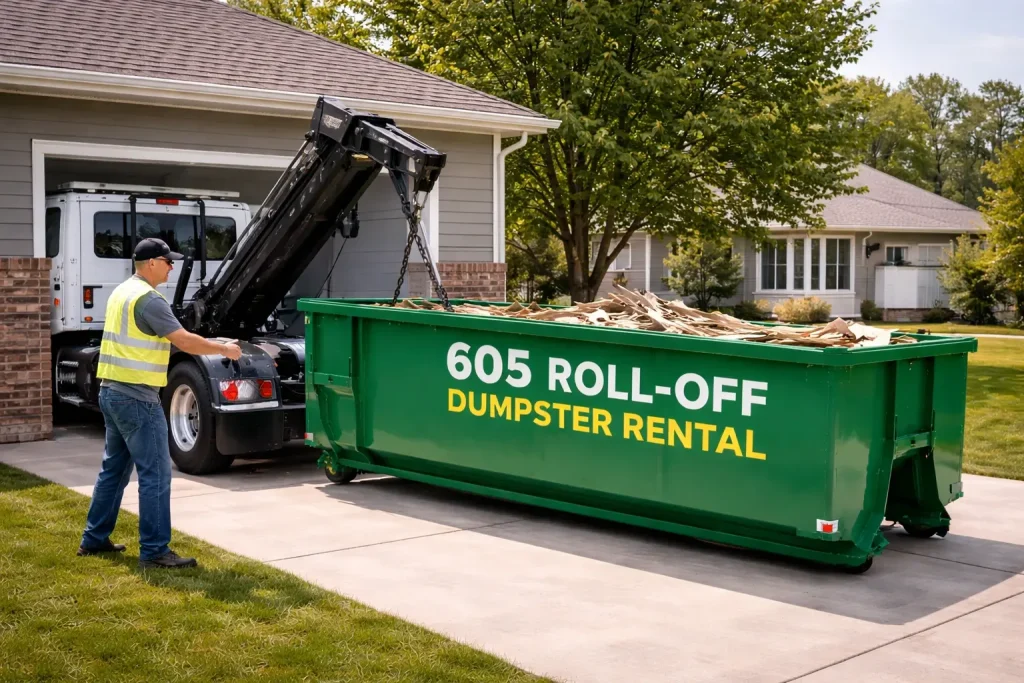Roll-off dumpster being delivered to a residential driveway for home cleanup service in Sioux Falls by 605 Roll-Off.