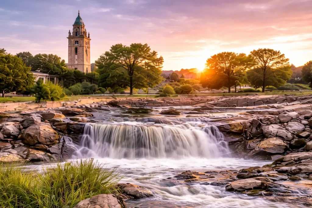 Scenic waterfall and park landscape in Sioux Falls SD showcasing local environment and community area