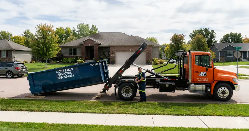 First-Time Dumpster Rental in Sioux Falls 2 Dumpster Rental Sioux Falls: Orange truck lifting a blue roll-off dumpster in a residential neighborhood.